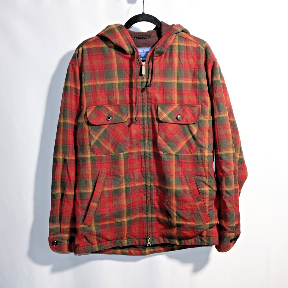 Pendleton Mens M Red‎ Plaid Wool Full Zip Jacket Coat Lined Hooded Flap Pockets